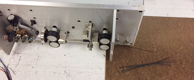 Photo of UL1007 20AWB hookup wire being cut and stripped.
