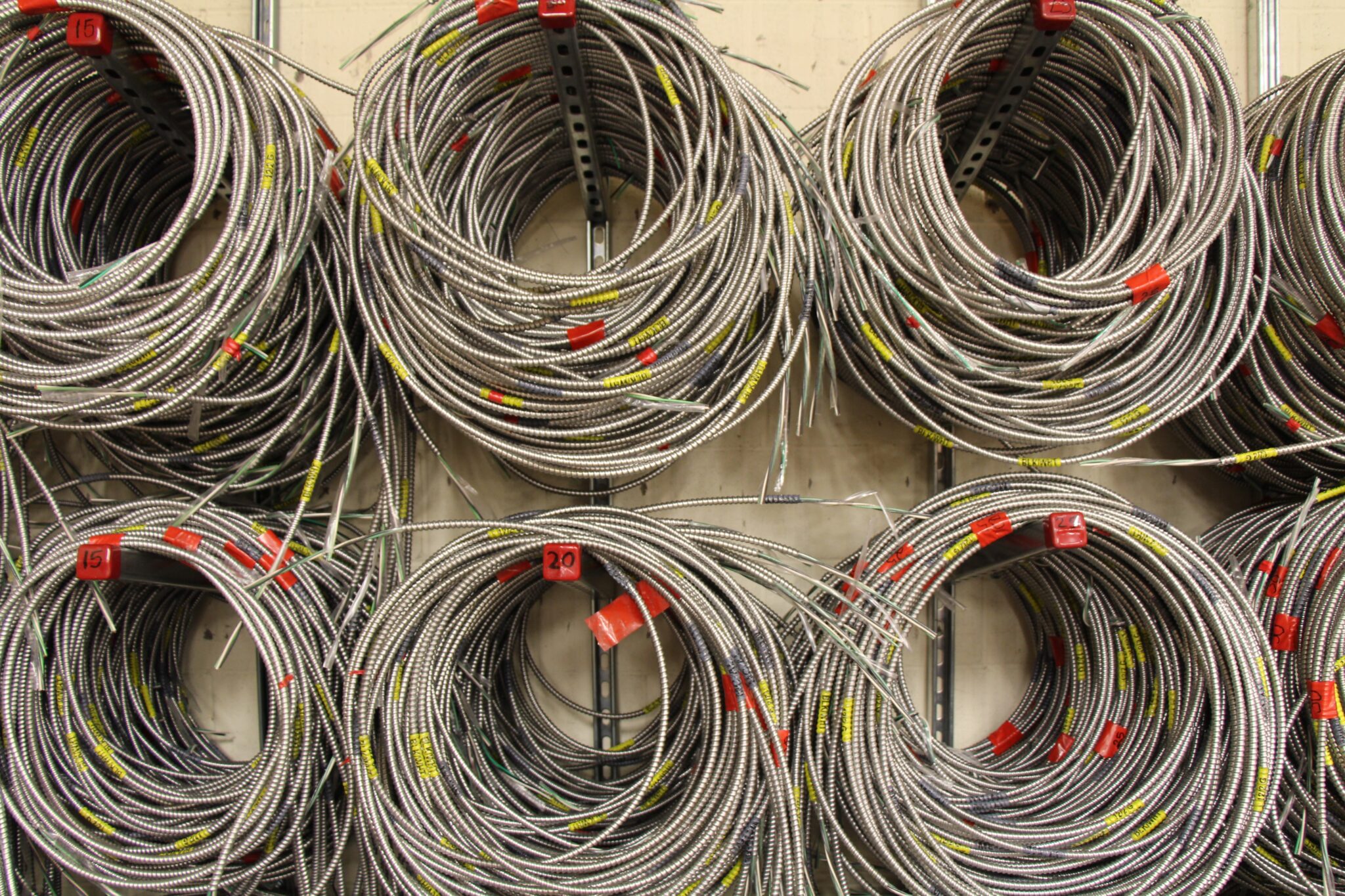 power cable racks with many silver cables